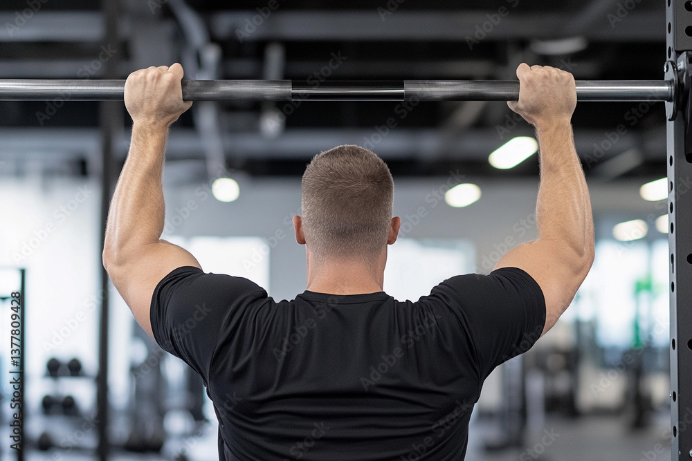 Naklejka premium Man performs pull-ups on workout bar in a modern gym early in the morning for fitness training and strength building