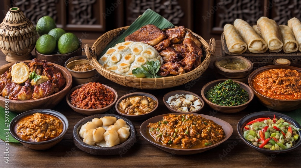 Diverse array of Indonesian dishes, featuring grilled meats, steamed buns, and various curries. Presentation in multiple small ceramic bowls, with fresh ingredients and traditional woven containers Diverse array of Indonesian dishes, featuring grilled meats, steamed buns, and various curries. Presentation in multiple small ceramic bowls, with fresh ingredients and traditional woven containers
