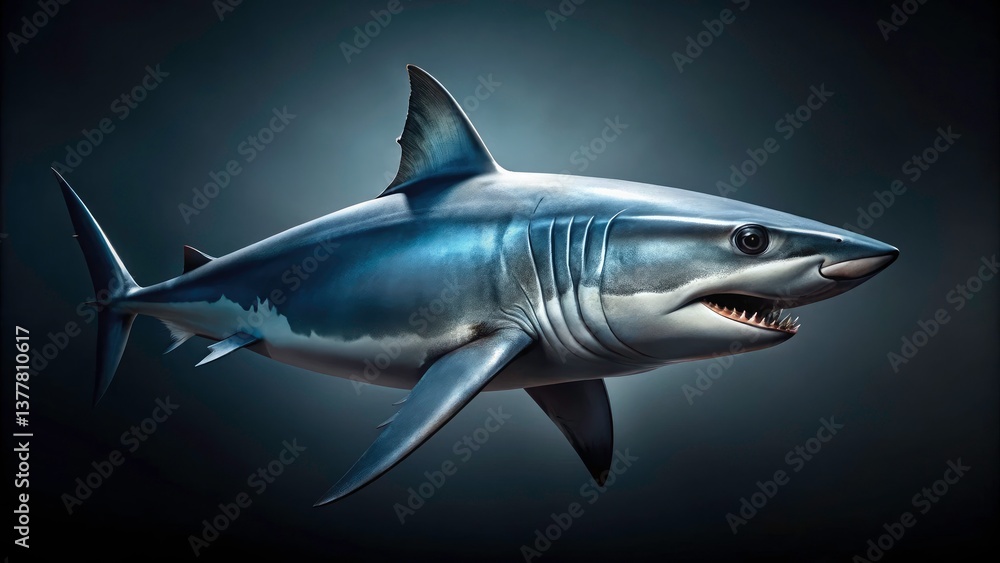 Obraz premium Mako Shark Side Profile, Ocean Predator, Marine Life Photography, Isolated Dark Background, White Copy Space, Wildlife Image, Stock Photo, High-Resolution Image, Professional Product Photography