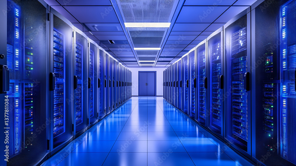 Data Server Room with Rows of Servers, Futuristic Data Center Server Room, Illuminated server room corridor with rows of network servers. Generative Ai Data Server Room with Rows of Servers, Futuristic Data Center Server Room, Illuminated server room corridor with rows of network servers. Generative Ai