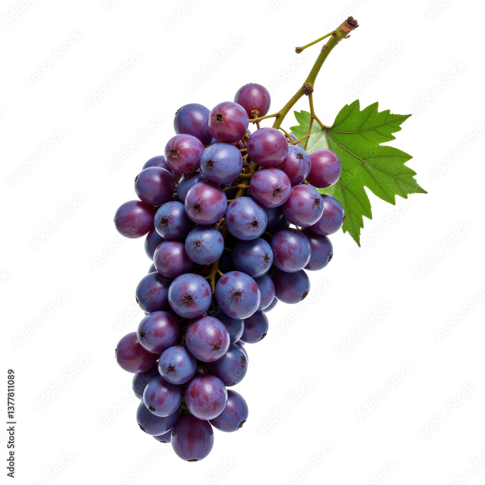 A vibrant cluster of purple grapes with a single green leaf attached, isolated on a transparent background. A vibrant cluster of purple grapes with a single green leaf attached, isolated on a transparent background.