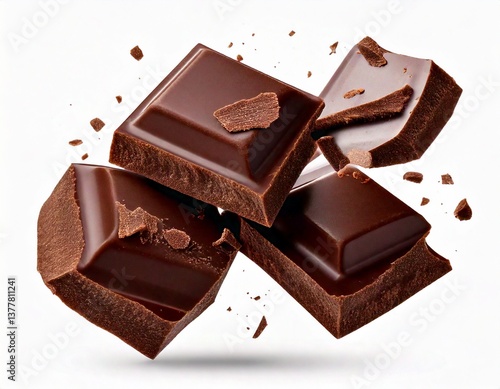 Dark chocolate chunks isolated on white background. Collection.