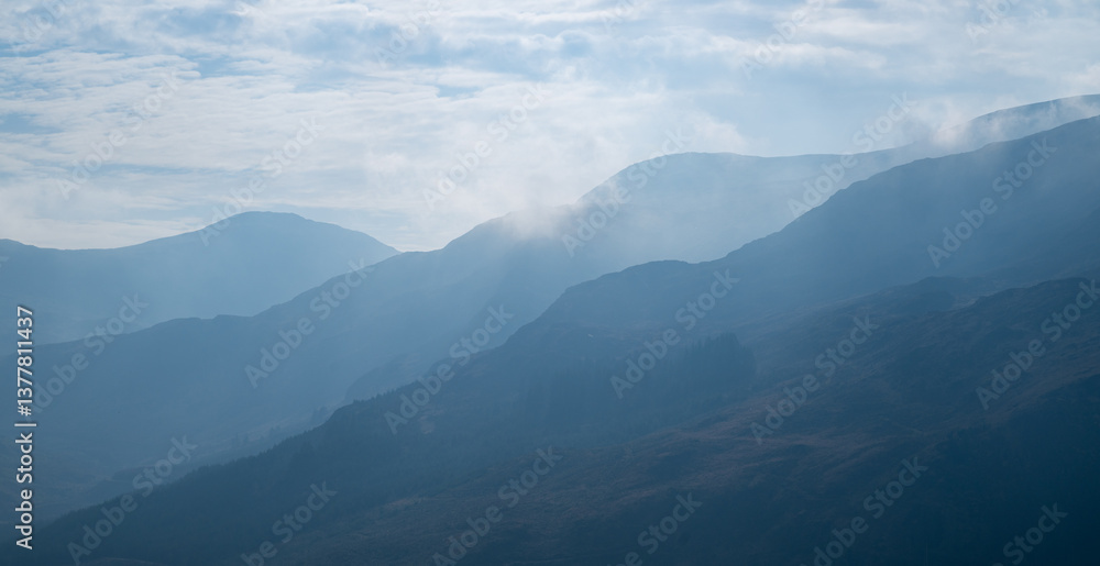 Obraz premium Hazy hills above Glen Trool, Galloway Hills, Dumfries & Galloway, Scotland