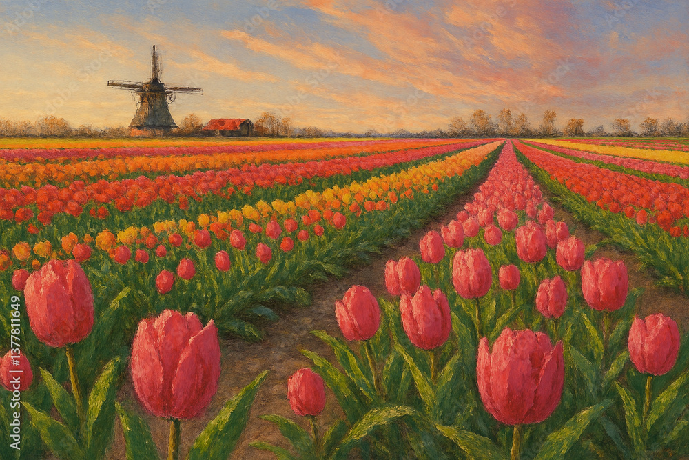 Colorful Tulip Field at Sunset with Dutch Windmill – Realistic Illustration