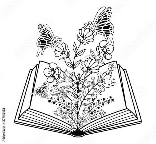 Drawing flowers on opened book vector illustration. Vector illustration for bookshop, library, bookstore, card, cover.