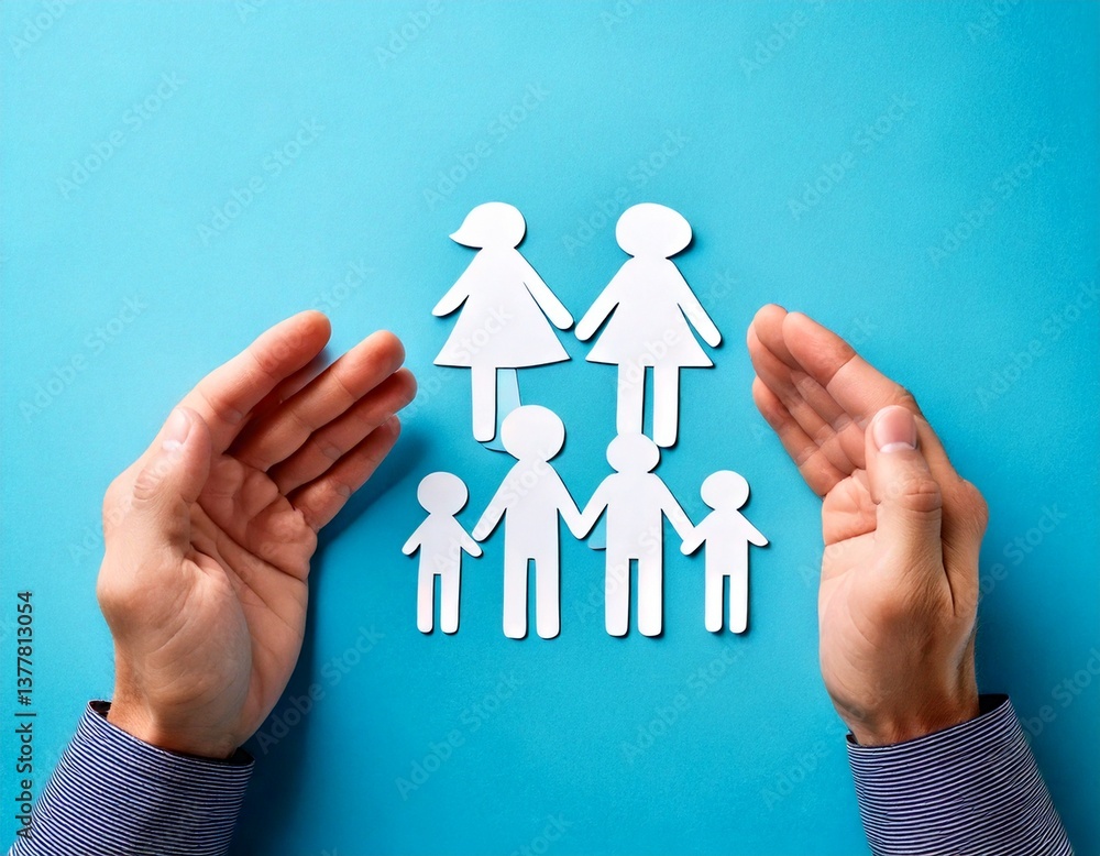 Man holding paper family figures on light blue background, Man holding paper family figures on light blue background,