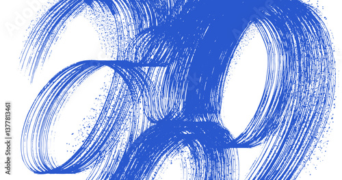 Grainy curved blue bold dry brush strokes with spray texture. Dotted texture design for brochures, media, social media, posters, painting for interiors. Art noise dots. Vector overlay background.