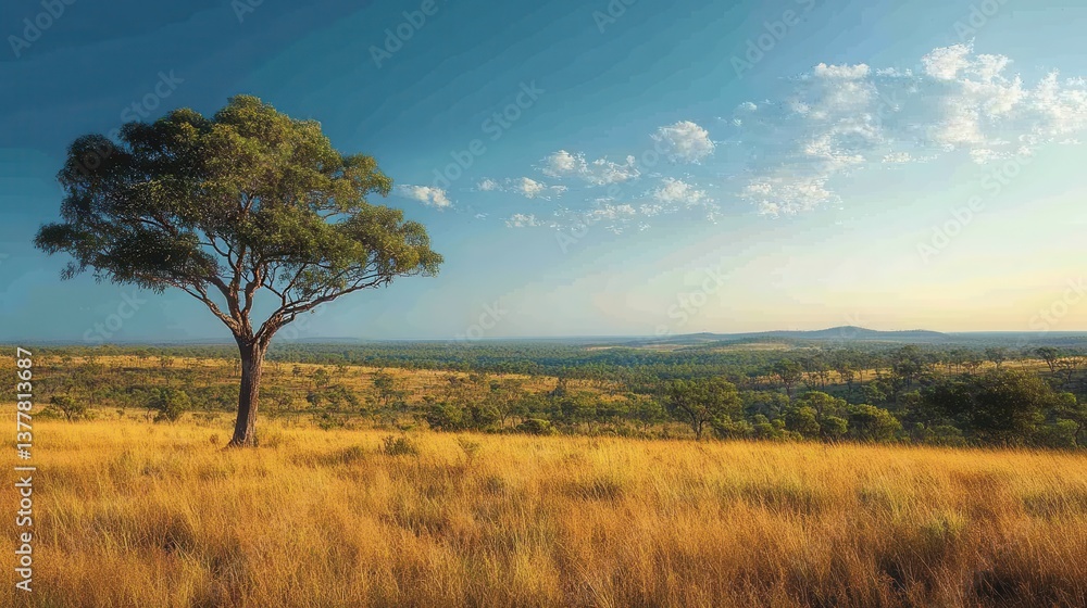 Lone tree and vast grassland under clear sky Lone tree and vast grassland under clear sky