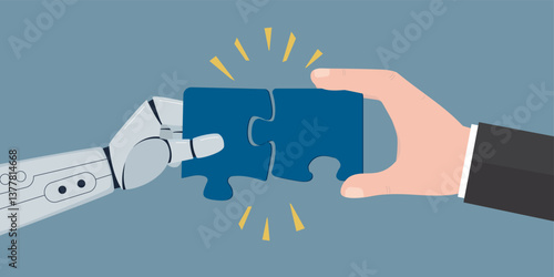 Human and Artificial Intelligence working together. Machine learning. Chat bot or automation to help or support work. Businessman and AI robot hand connect jigsaw puzzle.