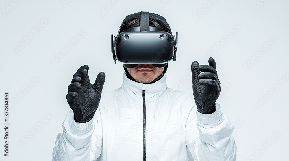 A person wearing a virtual reality headset appears engaged in an immersive experience. A person wearing a virtual reality headset appears engaged in an immersive experience.
