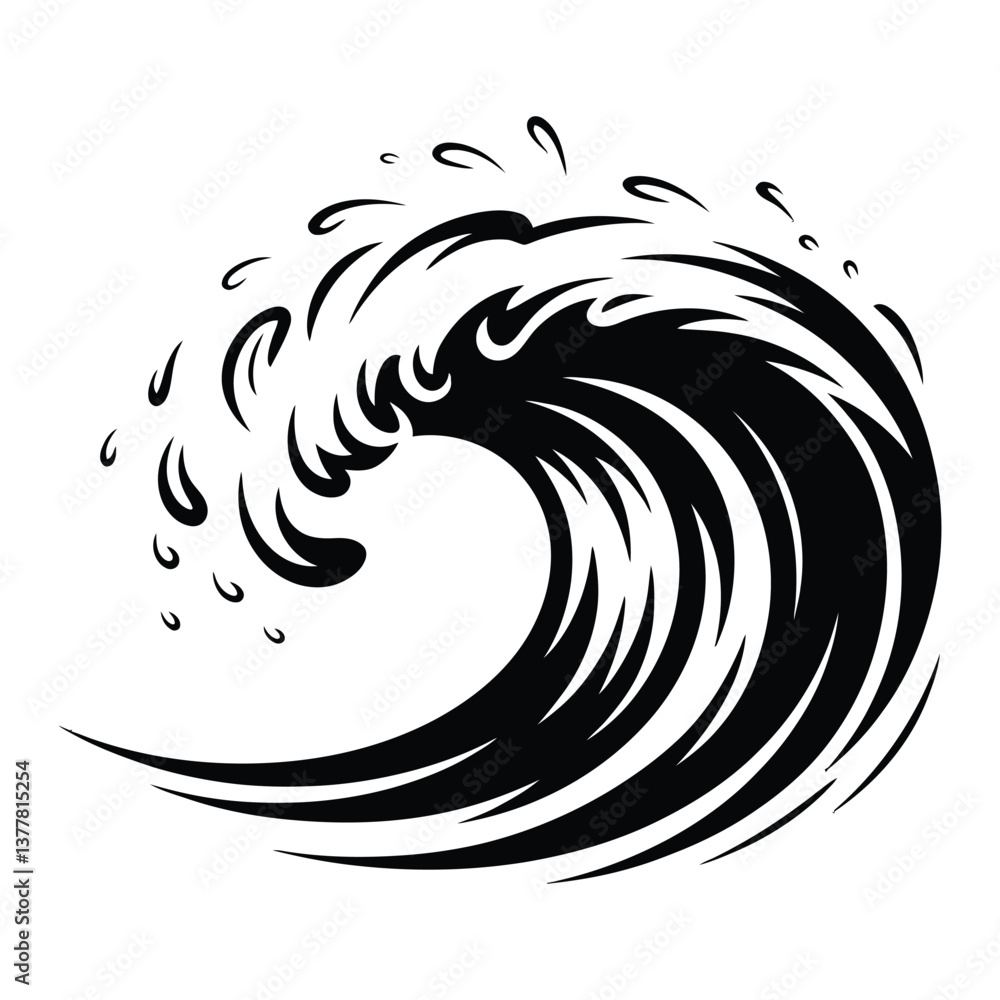 Naklejka premium Ocean Wave Sketch Silhouette, Vector, Icon, Logo, White Background.