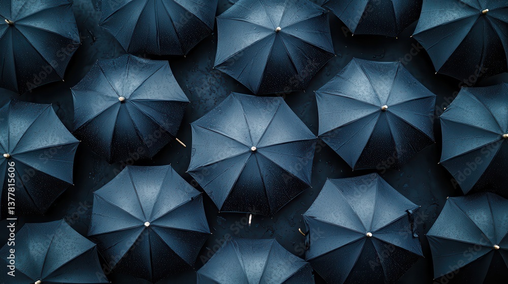 Fototapeta premium Top view of black umbrellas in rainy weather arrangement
