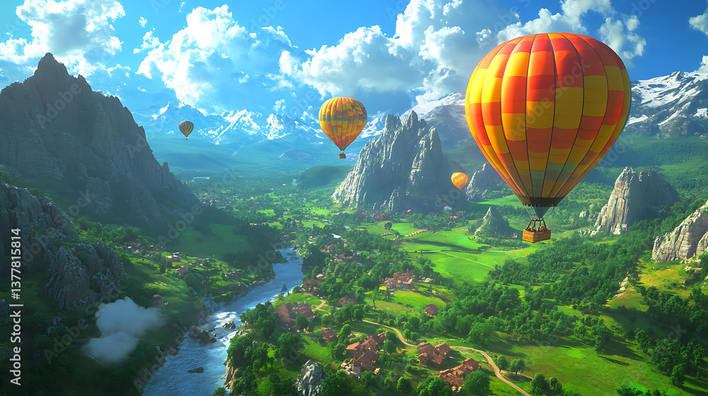 Fototapeta premium Vibrant hot air balloons drift serenely over lush green valley, painting sky with joy. landscape feels peaceful and grand