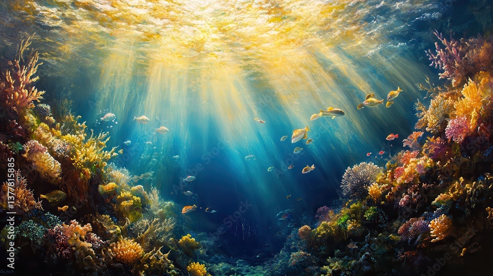 Fototapeta premium Vibrant underwater coral reef with sunlight and colorful marine life