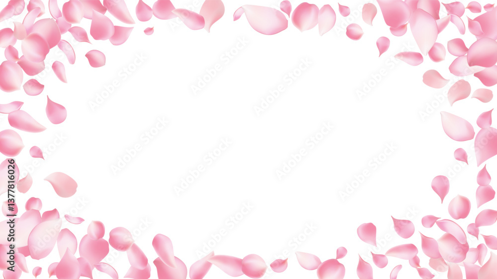 Sakura petal spring blossom on white banner. Pink rose composition. Flower flying background. Beauty Spa product frame with gorgeous rose petal greeting card design. Sakura petal spring blossom on white banner. Pink rose composition. Flower flying background. Beauty Spa product frame with gorgeous rose petal greeting card design.