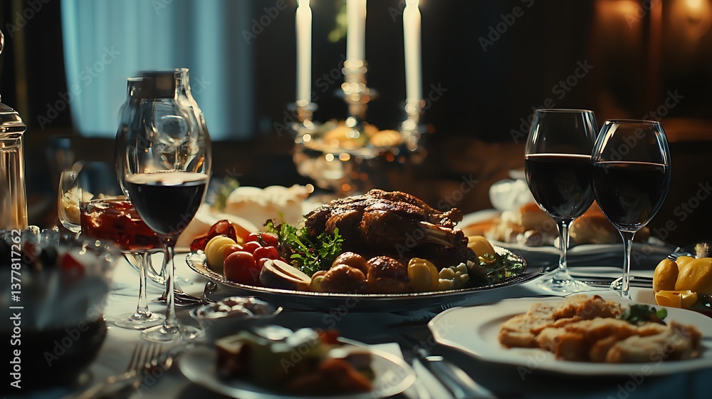 Dinner table full of food and drink with handheld camera motion