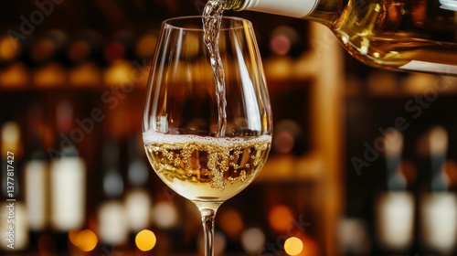 Wallpaper Mural Pouring White Wine Into Glass with Blurred Bar Shelf Background Torontodigital.ca