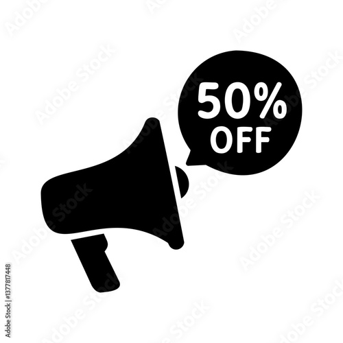 Megaphone icon announcing 50 percent off