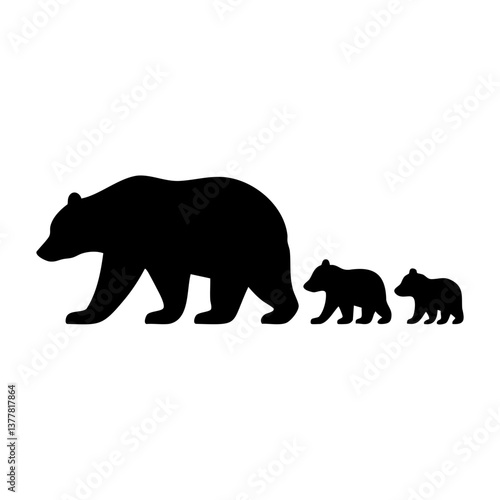 Bear with cubs silhouette walking in line