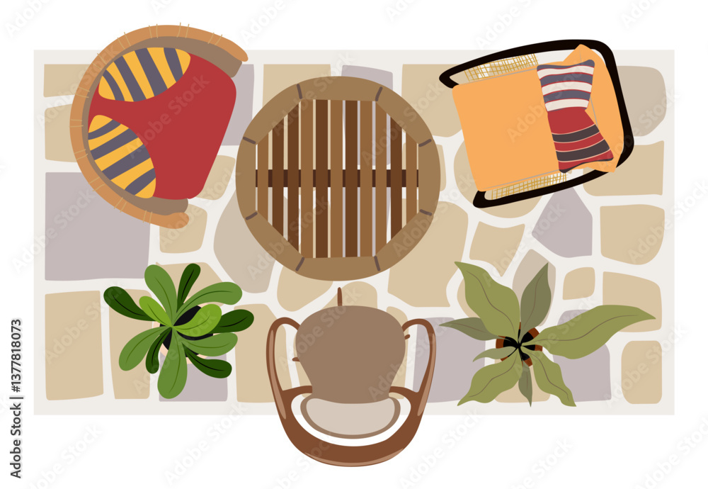 Fototapeta premium Top view of furniture for interior and landscape design plan. Armchairs, table, potted plants, terrace, patio, garden, porch zone. Vector realistic illustration isolated