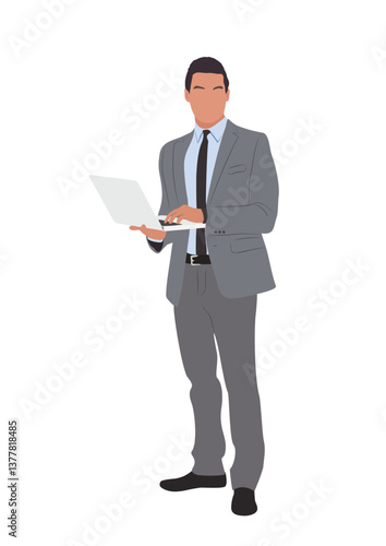 Young businessmen wearing formal outfit - suit and tie. Handsome male character standing and using laptop. Vector flat realistic illustration isolated