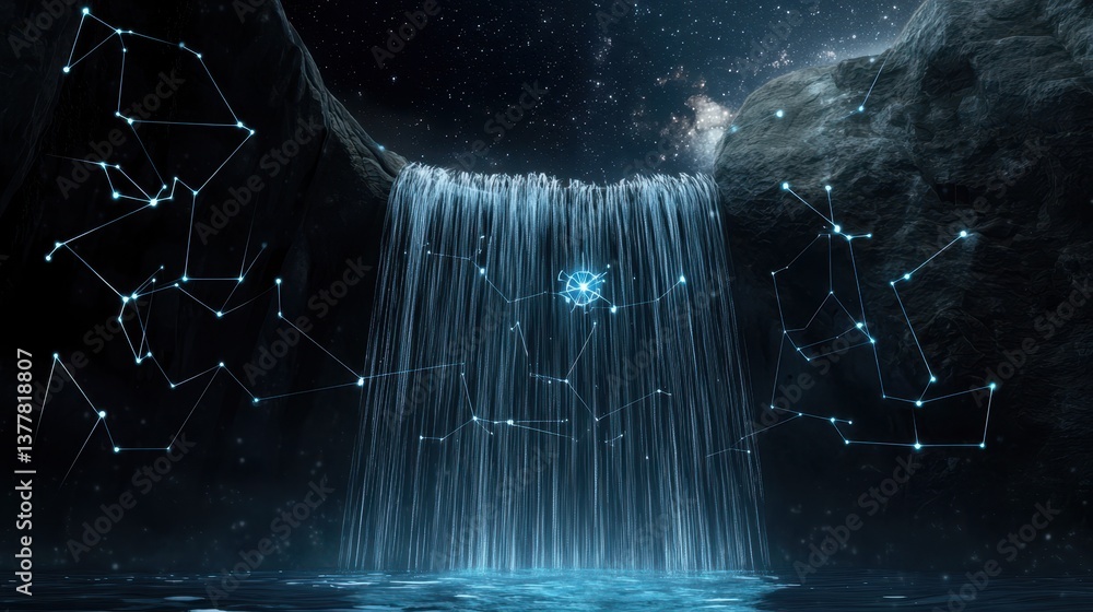 A stargate emerging from a moonlit waterfall, glowing symbols aligning with the constellations above