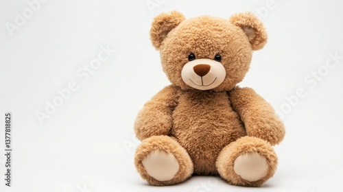 Cute Teddy Bear Sitting Comfortably on White Background Close Up Studio Shot