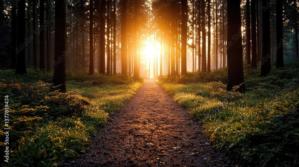 Fototapeta premium Sunset forests glow over misty meadow with radiant sunbeam concept. Sunset illuminating forest pathway with lush greenery.