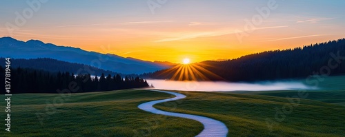 Wallpaper Mural Pine forest sunset sky painted in radiant colors over peaceful meadow concept. Breathtaking sunrise over a tranquil meadow and winding path. Torontodigital.ca