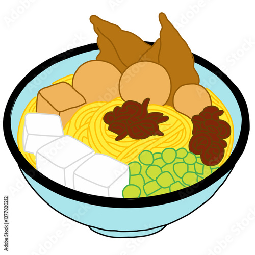 An illustration of a bowl of mie ayam bakso, a popular Indonesian noodle dish