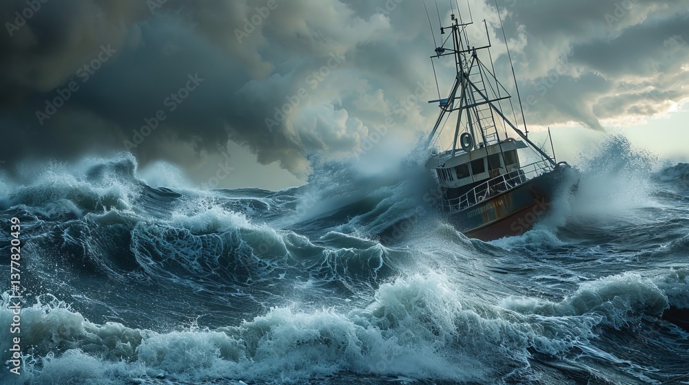 Obraz premium A fishing boat struggles against towering waves during a storm, showcasing the power of nature's fury.