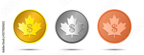 Vector set of round icons. Coins collection, canadian dollar. Maple leaf. Gold, silver and bronze tokens. Symbol of Canada. Stickers, badges and logos. Isolated white background