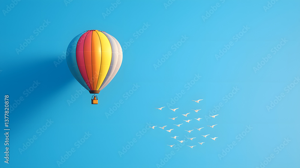 Obraz premium A vibrant hot air balloon gracefully floats in a clear blue sky, accompanied by a flock of birds, evoking a sense of freedom and adventure.