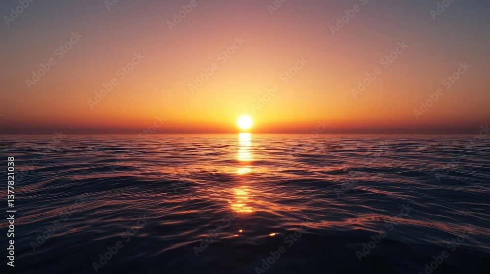 Obraz premium Sunset over the ocean scenic view with vibrant sky and dramatic dusk concept. A beautiful sunset over calm ocean waters, creating serene reflections.