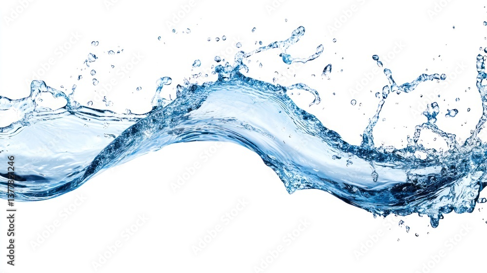Water Splashing and Flowing with Droplets on a Clean White Background Water Splashing and Flowing with Droplets on a Clean White Background