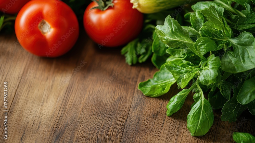 Fresh tomatoes and spinach on wooden surface for healthy cooking inspiration Fresh tomatoes and spinach on wooden surface for healthy cooking inspiration