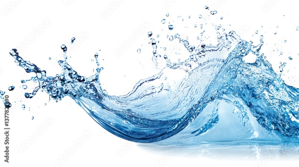 Water Splashing and Flowing with Drops on a White Background Water Splashing and Flowing with Drops on a White Background