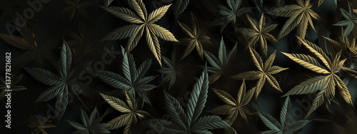 Golden And Green Cannabis Leaves On A Dark Background
