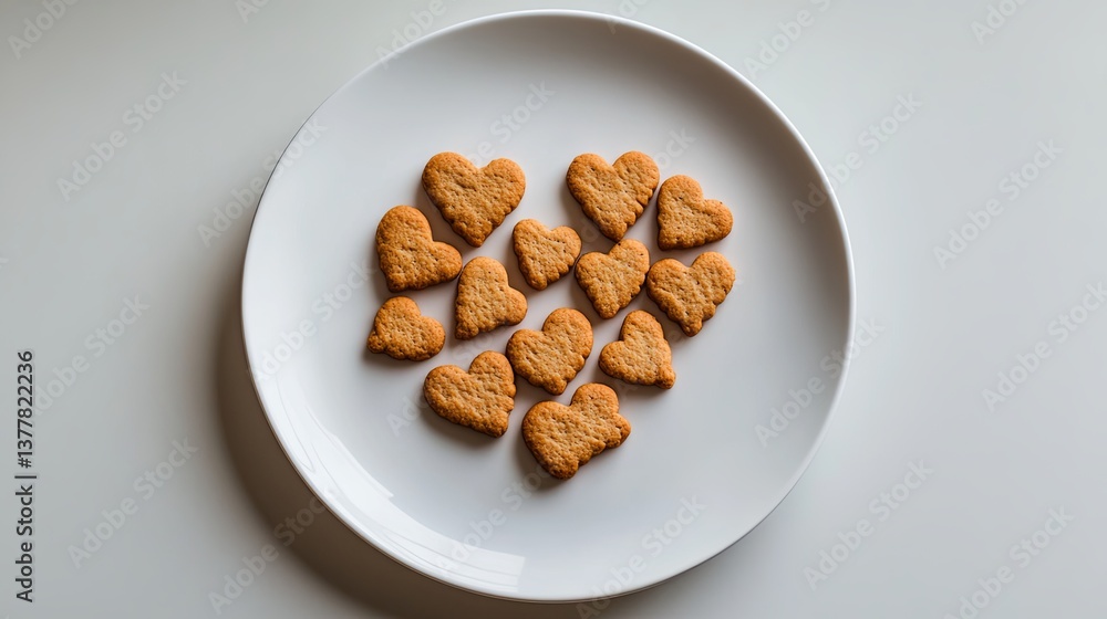A minimalist display of dog biscuits arranged in a heart shape on a white plate. background A minimalist display of dog biscuits arranged in a heart shape on a white plate. background