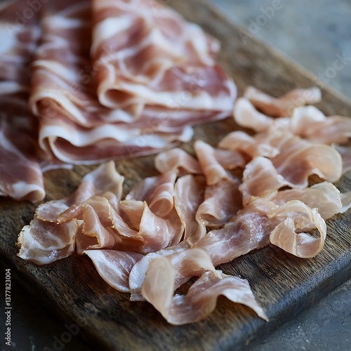 Ultra detailed macro shot of Mangalica ham rich marbling delicate ribbon of fat glistening under soft light thinly sliced piece arranged elegantly wooden board capturing finest detail of gourmet photo