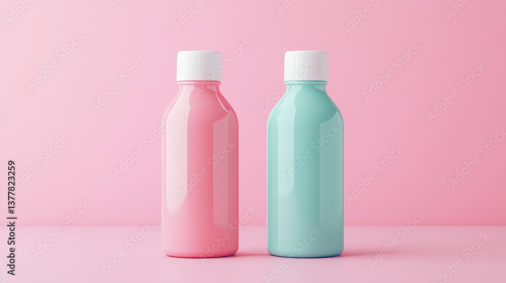 Pastel bottles on pink background with minimalistic design aesthetic Pastel bottles on pink background with minimalistic design aesthetic