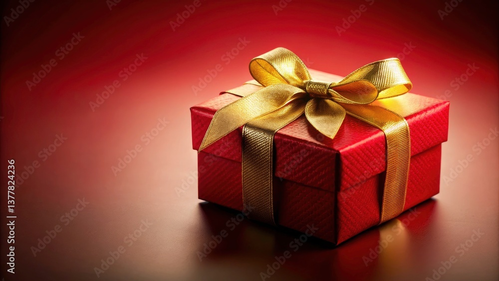 Obraz premium Red Gift Box with Golden Bow, Festive Food Photography Background, Holiday Food Packaging