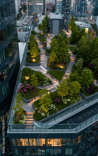 Futuristic city embraces sustainability with rooftop gardens and vertical greenery. This urban landscape merges modern architecture with nature, fostering greener, healthier environment. Vertical shot