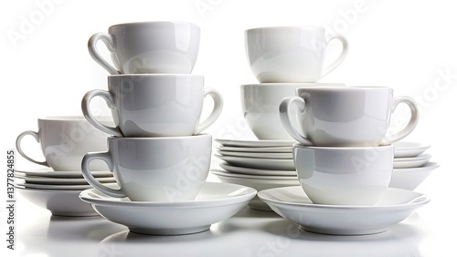 Wallpaper Mural Stacked White Ceramic Coffee Cups, Closeup Night Photography, Clean, Isolated, White Background Torontodigital.ca