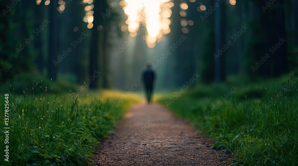 Naklejka premium Sunset forests glow over misty meadow with radiant sunbeam concept. A person walking along a serene forest path at sunset.
