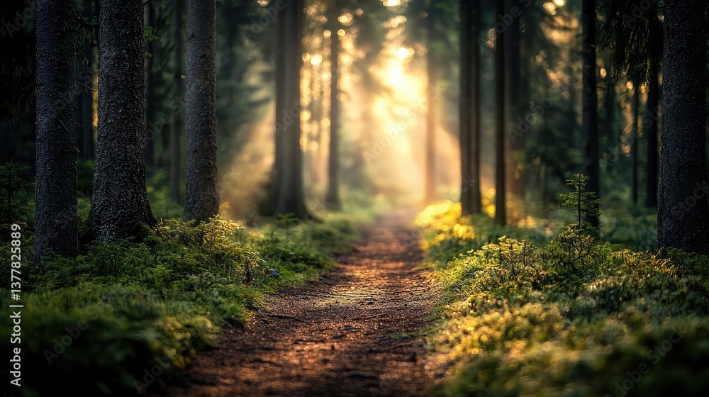 Obraz premium Sunset forests glow over misty meadow with radiant sunbeam concept. A serene forest path illuminated by soft sunlight rays.