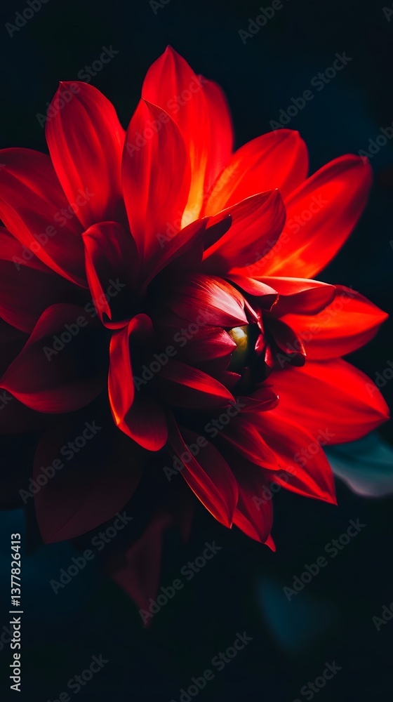 Close up shot of a lush vibrant red flower blooming against a dark moody background with a dramatic cinematic lighting effect for a aesthetic Close up shot of a lush vibrant red flower blooming against a dark moody background with a dramatic cinematic lighting effect for a aesthetic