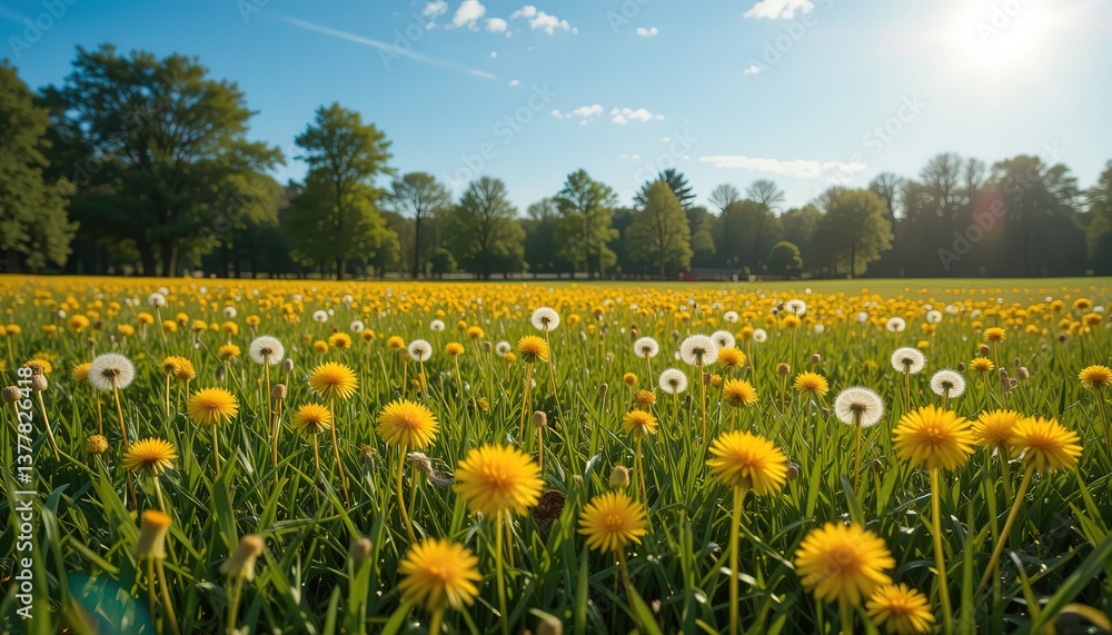 Fototapeta premium Sunny meadow with many yellow dandelions and green grass. The photo showcases tranquil, peaceful park landscape. The warm sunlight, blue sky, and vibrant colors suggest summertime