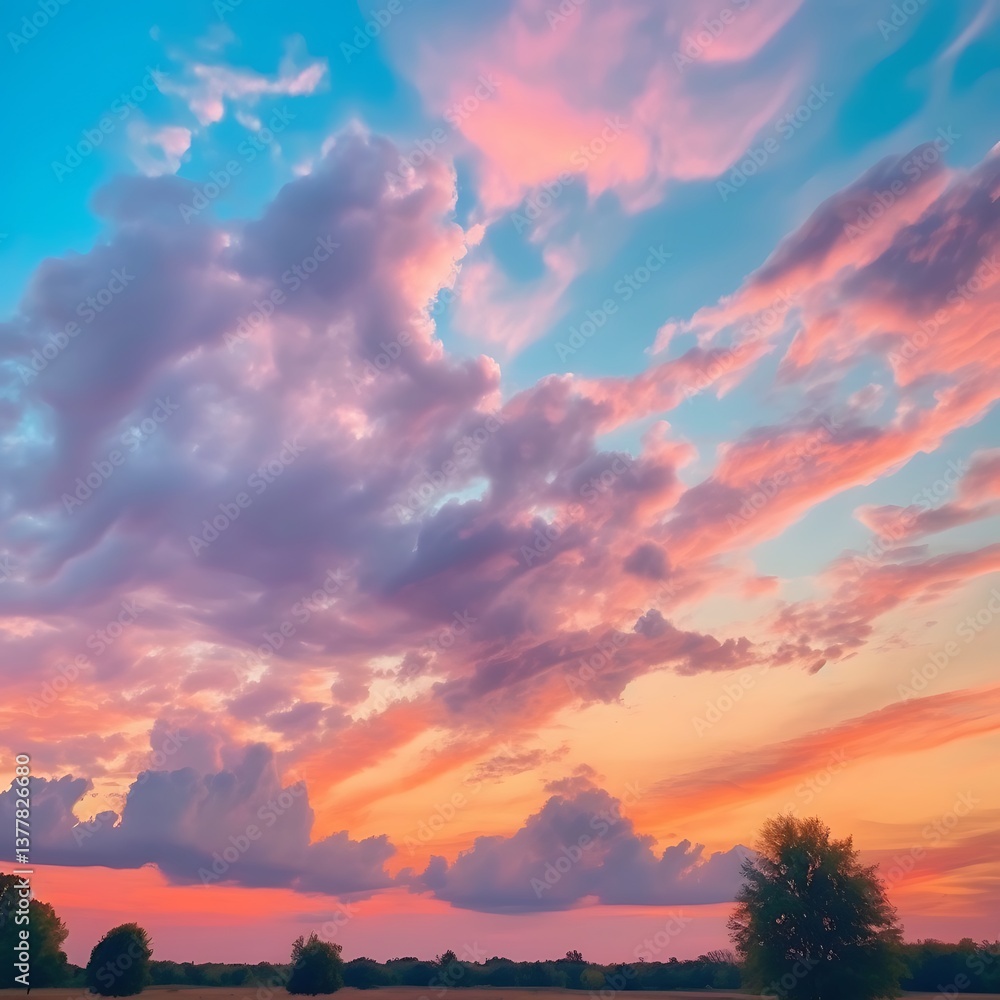 Obraz premium Pastel Sunset Cloudscape Over Rural Landscape