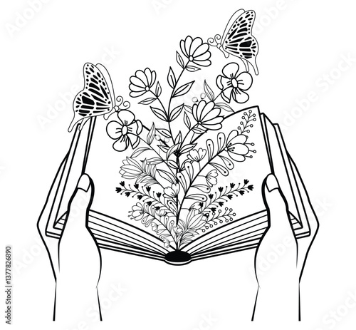 Hand's holding book with flowers. World book day. Gain knowledge. Coloring book for adult and other decorations.  